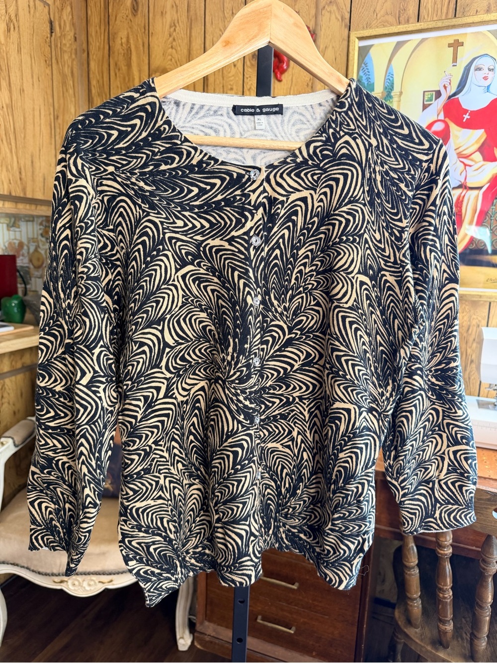 Vintage Cable & Gauge Black and Cream Swirl-Print Cardigan Sweater